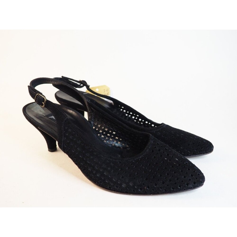 Paul Green Black Perforated Suede Pointed Toe Slingback Heels, Sz 8 (US) 5.5 UK